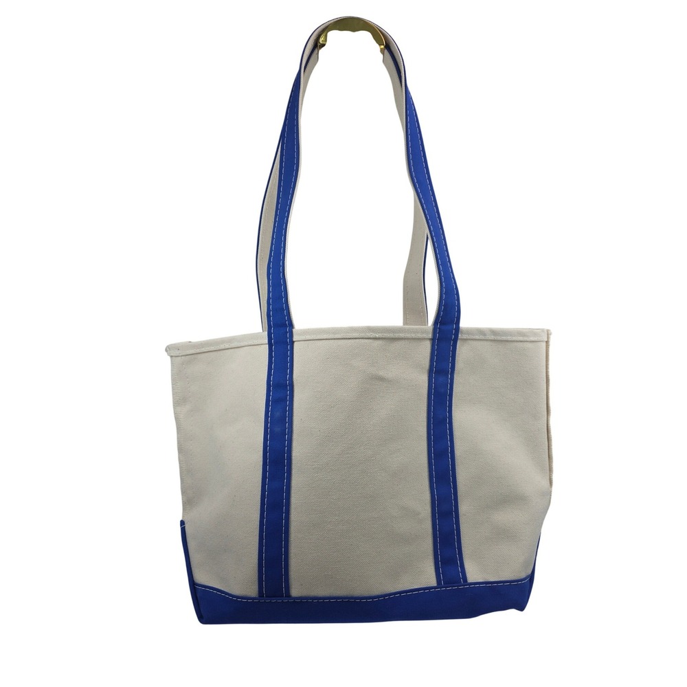 LL Bean Boat and Tote Canvas Bag Blue Cream Medium Long Handle Made in USA 11263